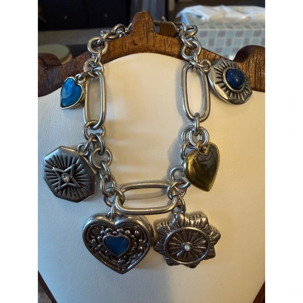 Johnny Was Antique Heart‎ Charm Bracelet Silver Blue CJ78225- New